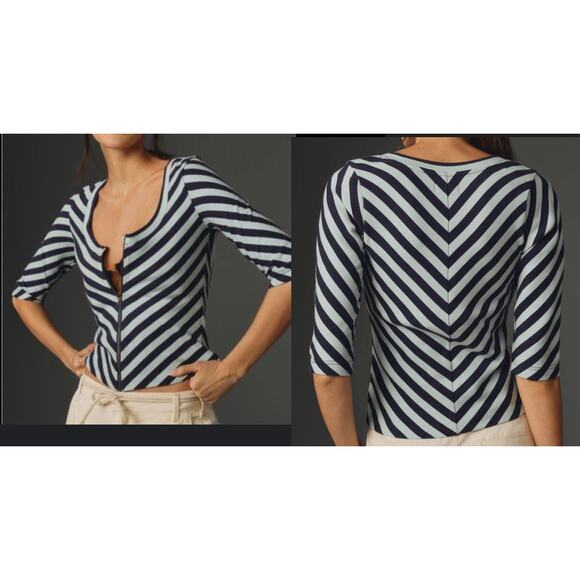 🔴Maeve by Anthropologie front-zip scoop neck top‎ Navy stripe size Medium - Picture 1 of 8